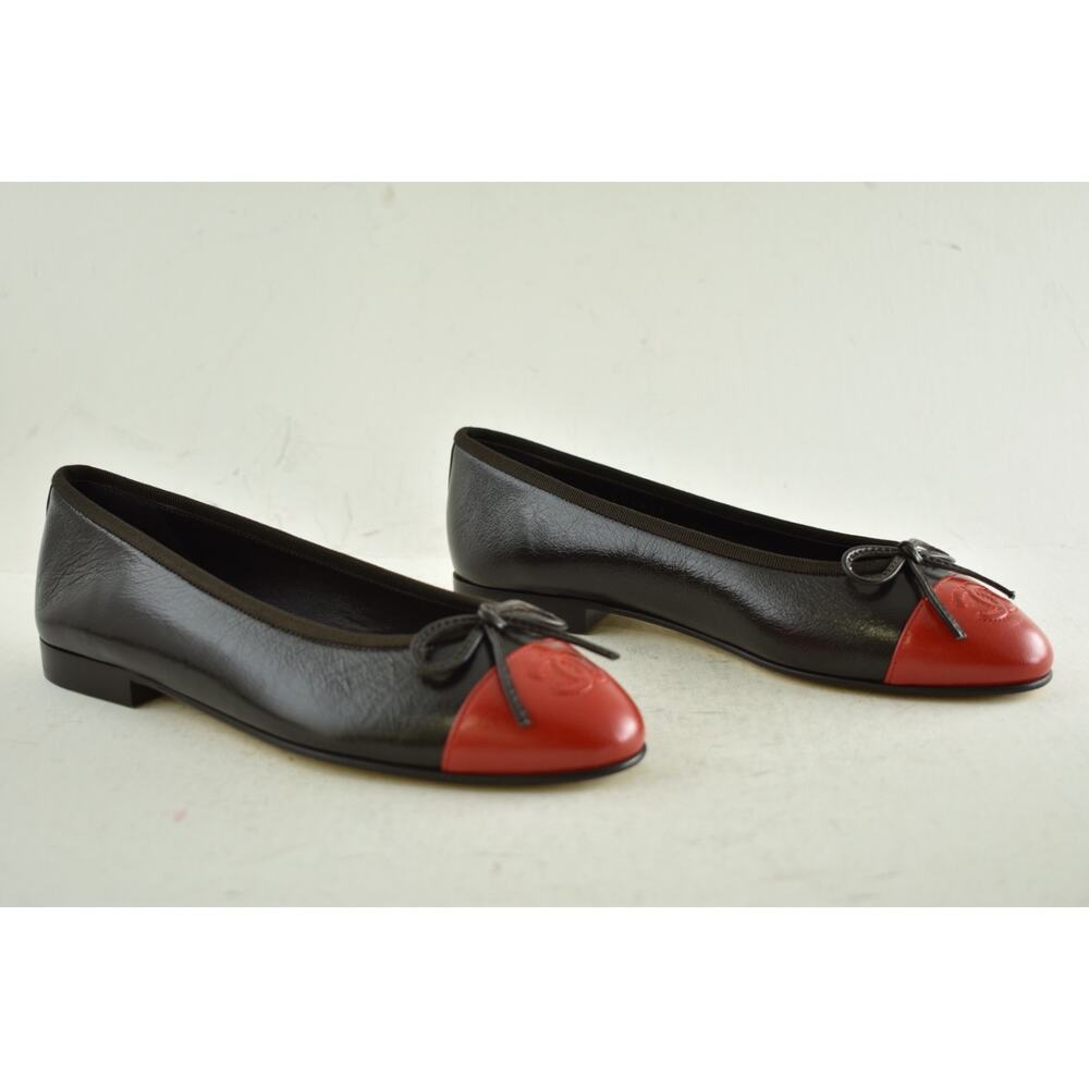 Chanel 26S Dark Brown Red Leather CC Logo Cap Classic Ballet Ballerina Flat 38.5 - Picture 7 of 16
